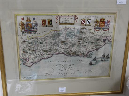 John Blaeu. A coloured engraved map of Sussex, 41 x 49cm